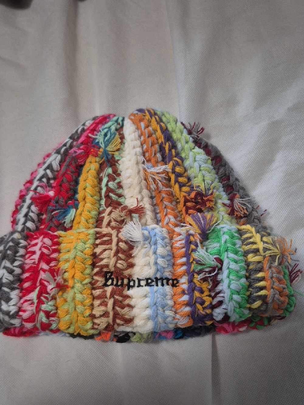 Supreme Multicolor Striped Crochet Beanie with Black Logo